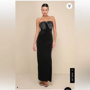 Lulus Dramatic Stunner Black Velvet Bow Strapless Maxi Dress small